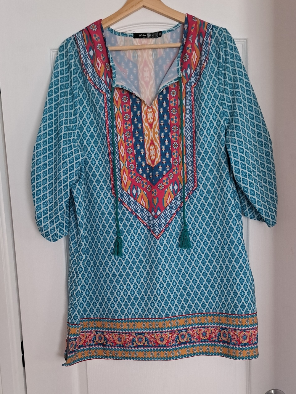 Embroidered Teal Printed Tunic with Tassel Neckline